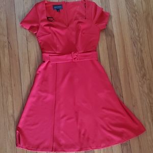 Red retro fit and flare dress with belt